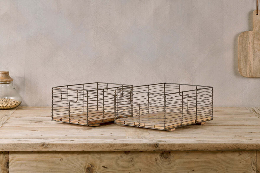Kochi Iron And Mango Wood Baskets Brown Set Of 2
