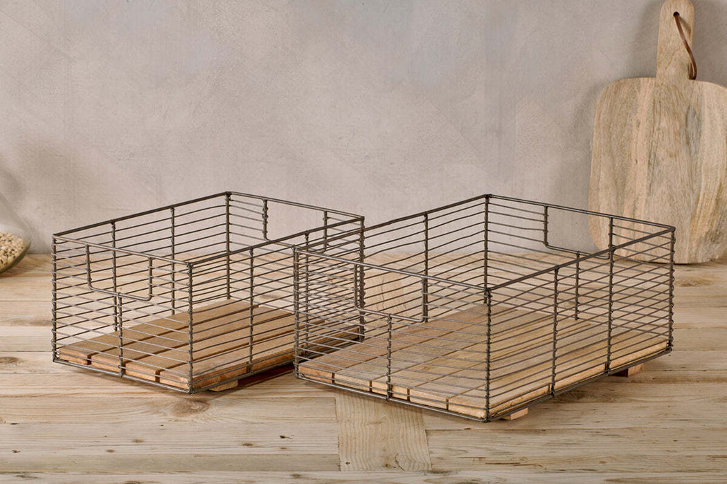 Kochi Iron And Mango Wood Baskets Brown Set Of 2