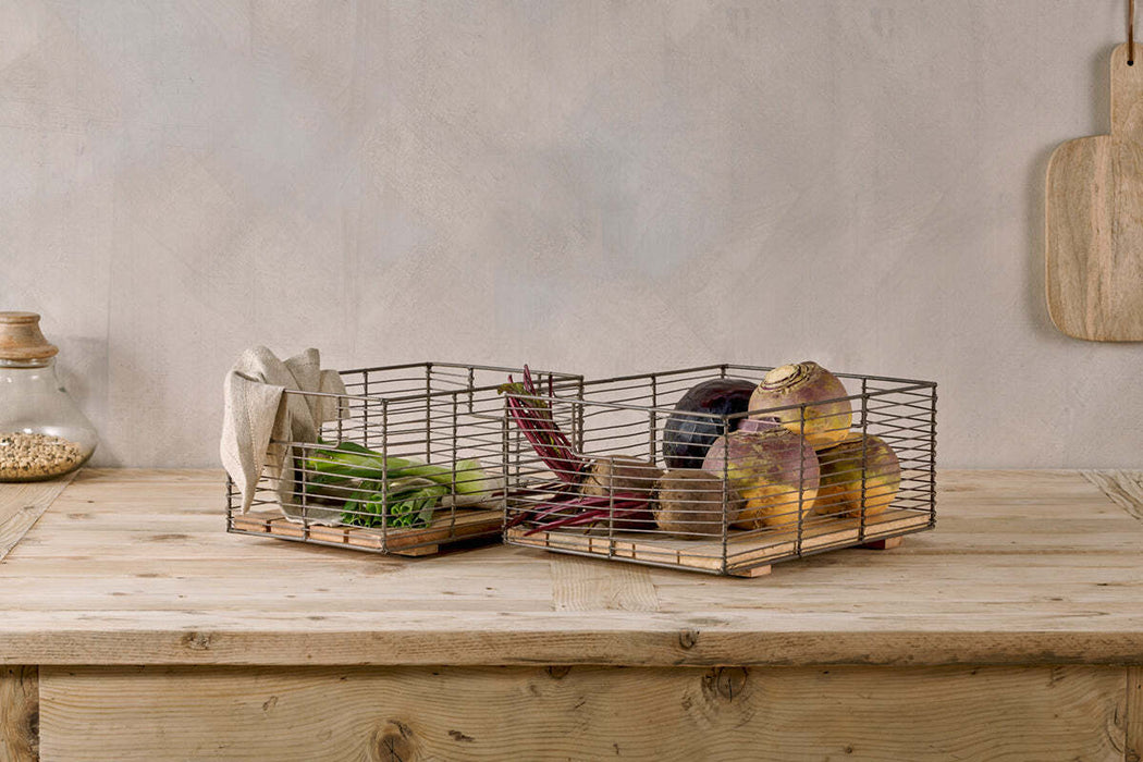 Kochi Iron And Mango Wood Baskets Brown Set Of 2