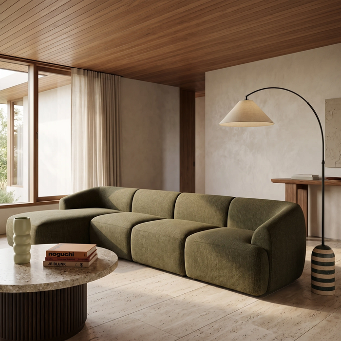 Malmo Left Hand 4 Seater Chaise Sofa Olive Green Velvet Chenille