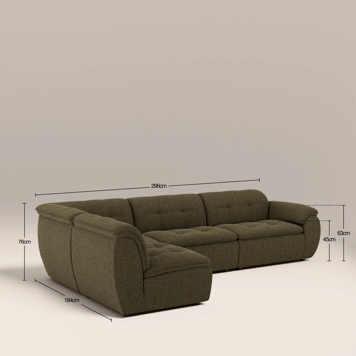Bamba Left Hand Armless 3 Seater Corner Sofa | Olive Green Velvet Chenille