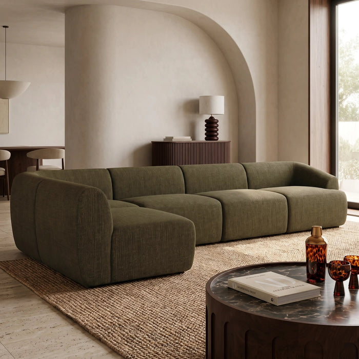 Malmo Left Hand Armless 4 Seater Corner Sofa Olive Green Velvet Chenille