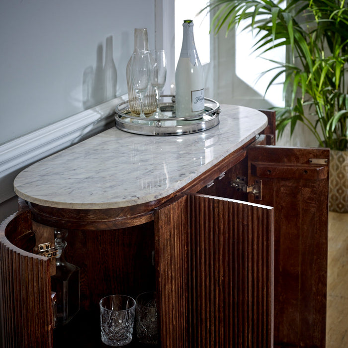 Opal Solid Wood SideboardDrinks Cabinet With Marble Top & Metal Legs