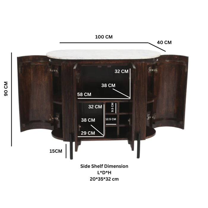Opal Solid Wood SideboardDrinks Cabinet With Marble Top & Metal Legs