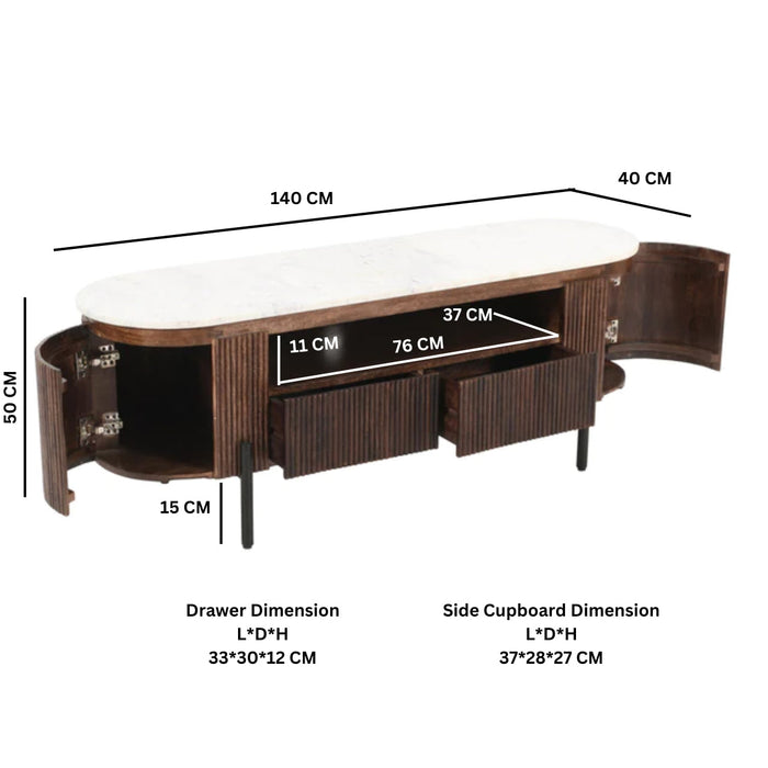 Opal Mango Wood Tv Cabinet With Marble Top & Metal Legs