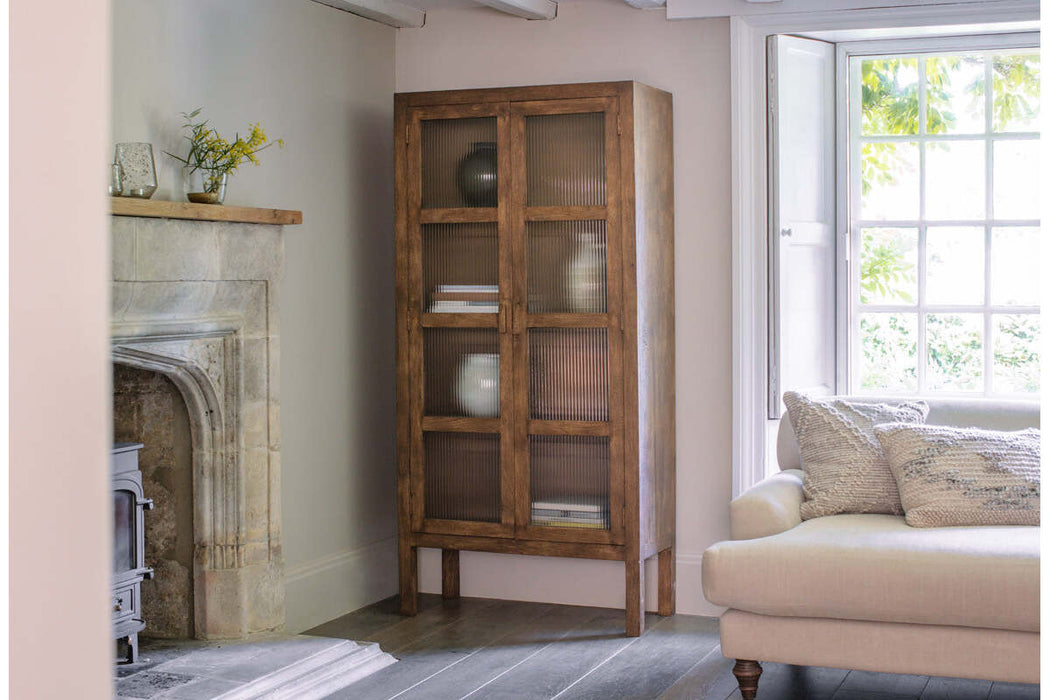 Mendani Mango Wood & Fluted Glass Cabinet - Walnut Stain