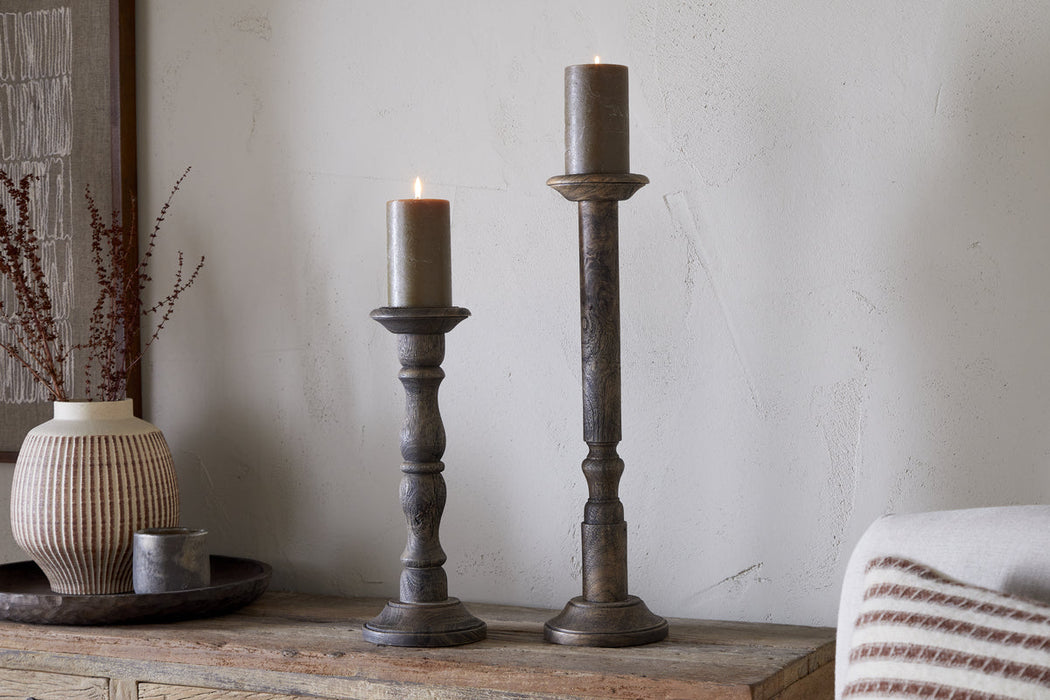 Nayati Rustic Wood Pillar Candle Stick Dark Stain
