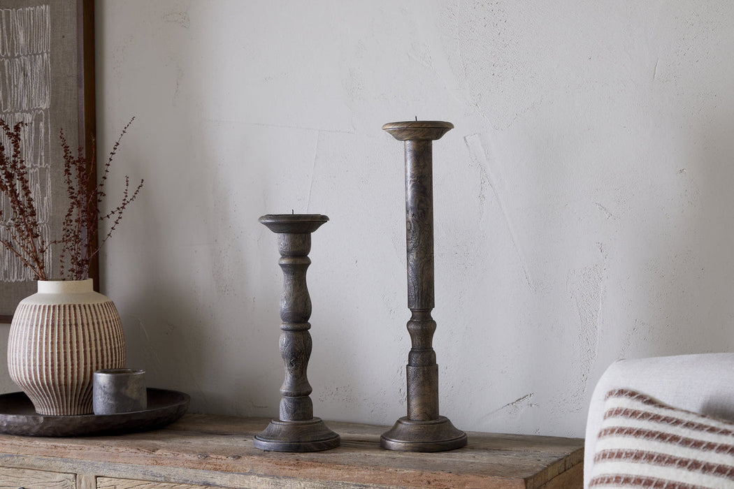 Nayati Rustic Wood Pillar Candle Stick Dark Stain