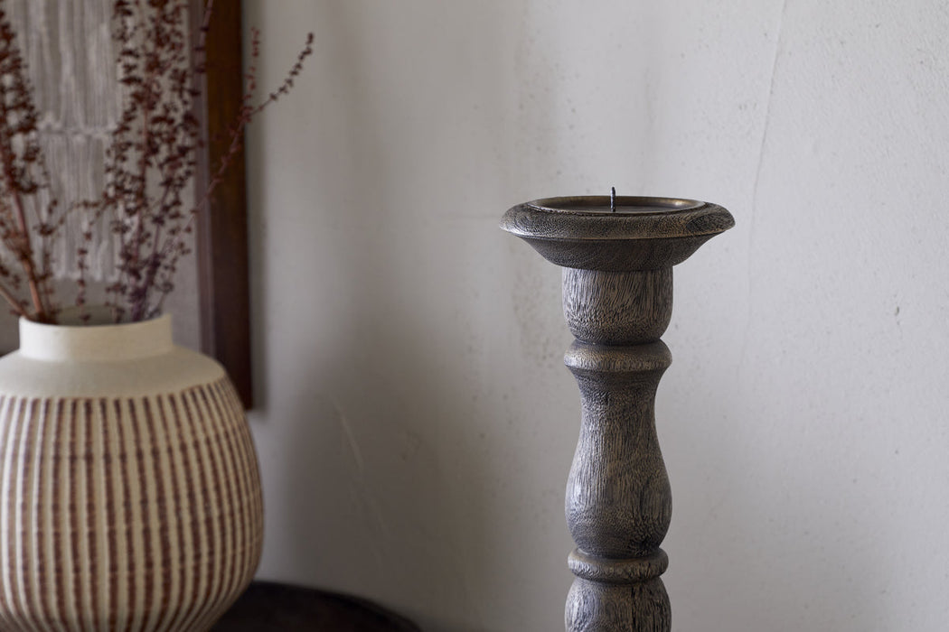 Nayati Rustic Wood Pillar Candle Stick Dark Stain
