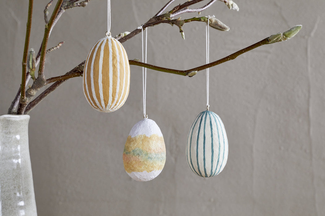 Terra Hand Painted Recycled Cotton Paper Hanging Egg Teal Cream Ochre Set Of 3