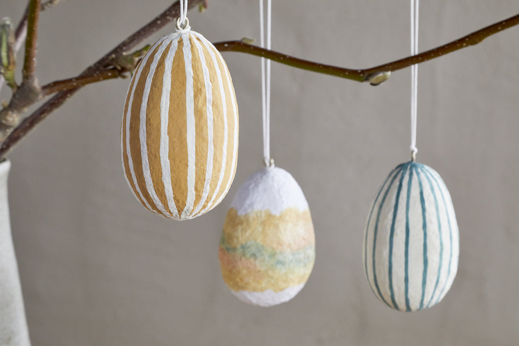 Terra Hand Painted Recycled Cotton Paper Hanging Egg Teal Cream Ochre Set Of 3
