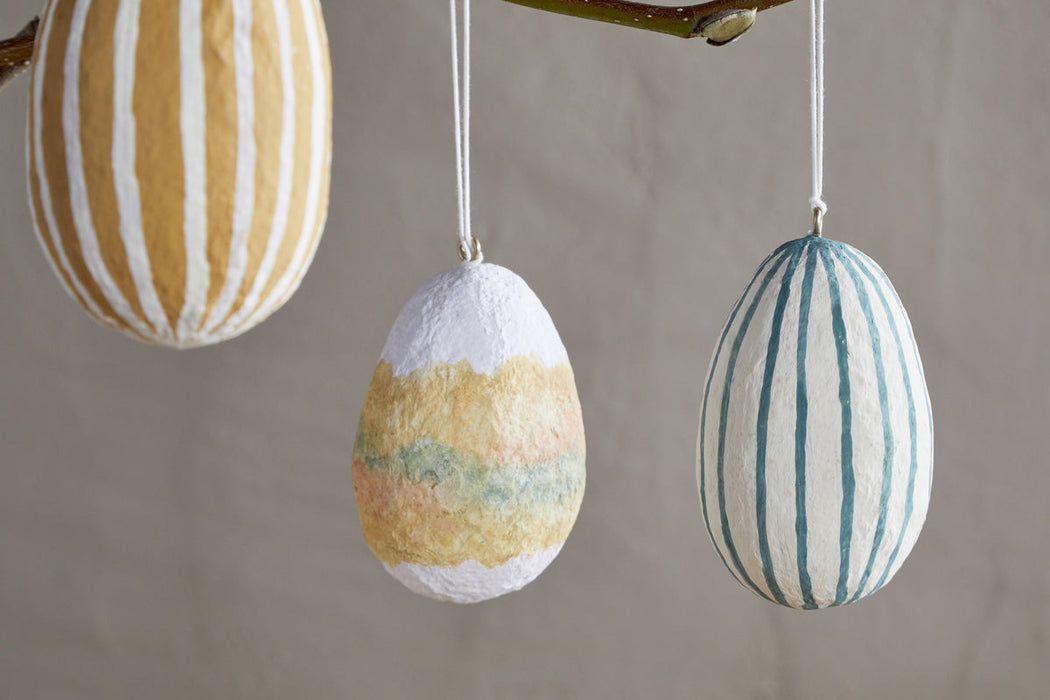 Terra Hand Painted Recycled Cotton Paper Hanging Egg Teal Cream Ochre Set Of 3
