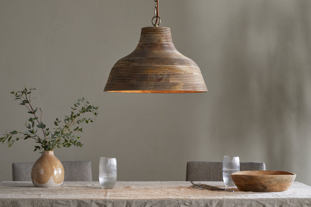 Nadi Grooved Wood Pendant Natural Antique Brass