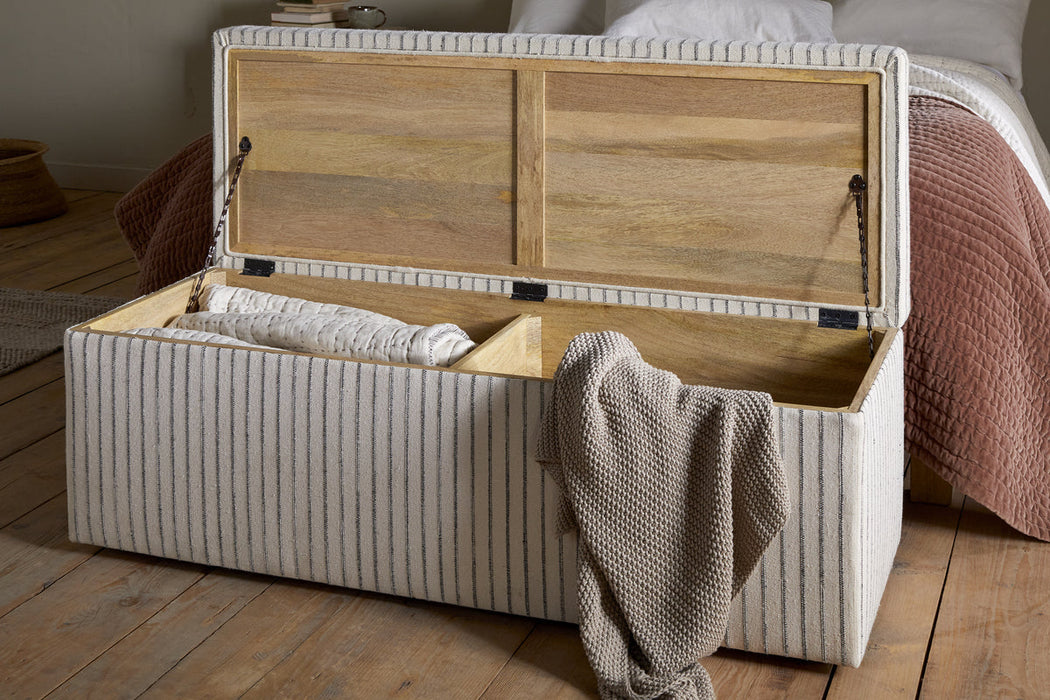 Sanja Stripe Cotton Linen Upholstered Storage Bench Grey