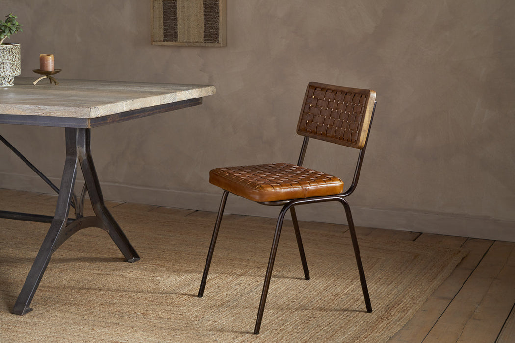 Amala Leather Weave & Iron Dining Chair - Aged Tan