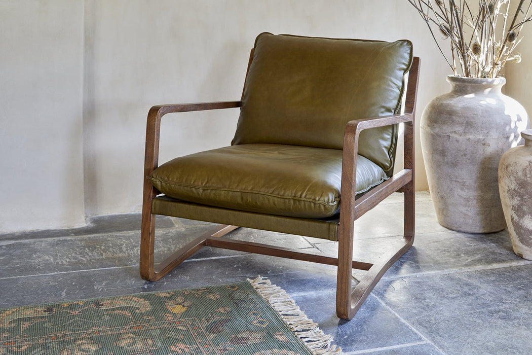 Baloo Acacia Wood Leather Occasional Chair Olive Green