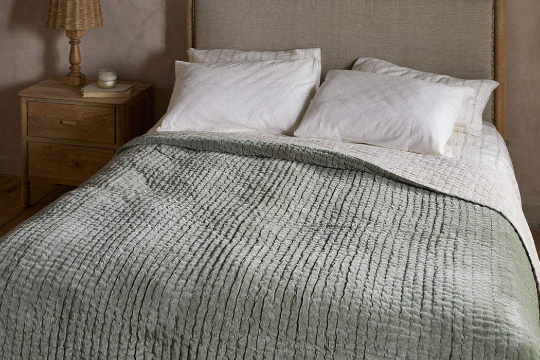 Nidra Velvet Linen Bed Quilt Sage Green 220 X 240Cm