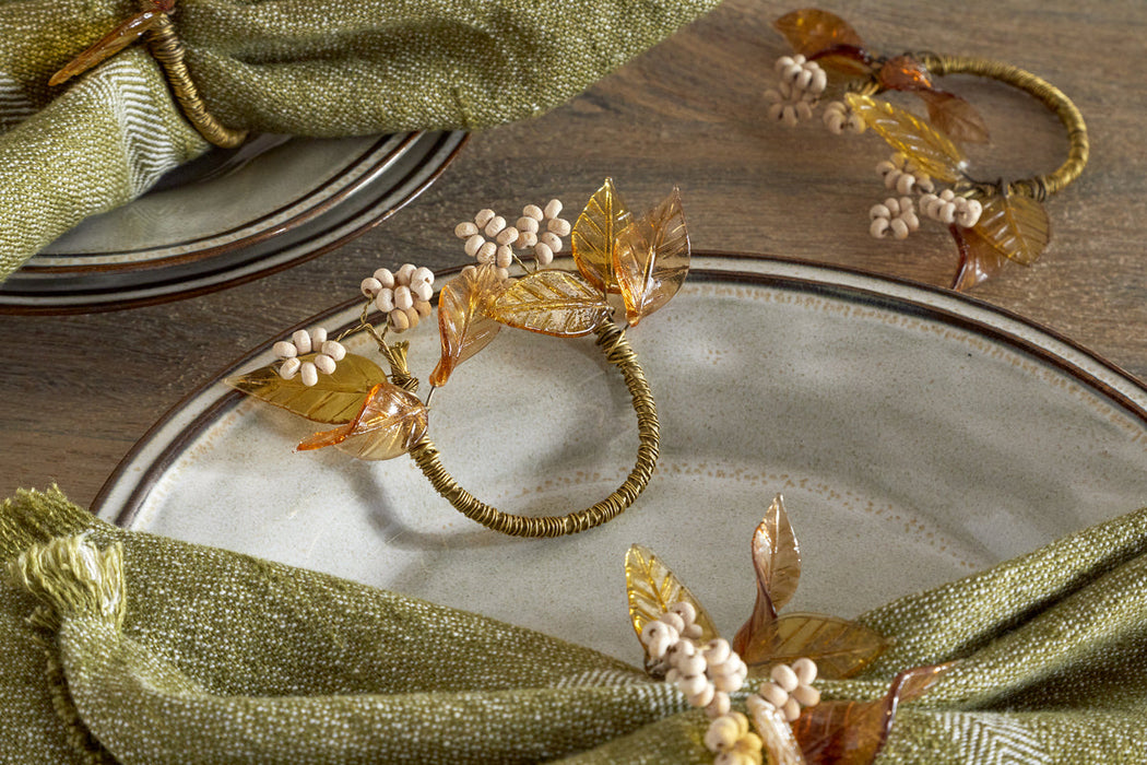 Parili Glass Leaf Napkin Rings Natural Rust Set Of 4