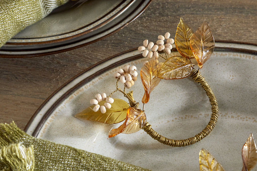 Parili Glass Leaf Napkin Rings Natural Rust Set Of 4