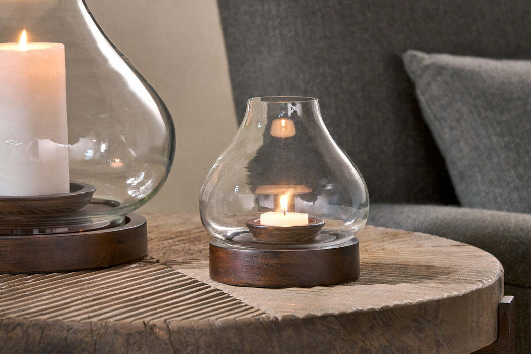 Naryla Mango Wood Lantern Dark Stain Clear