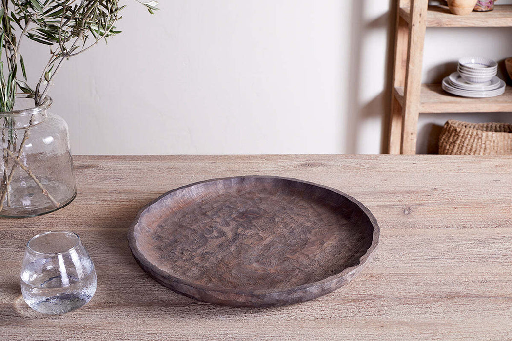 Nyati Mango Wood Etched Round Tray Dark