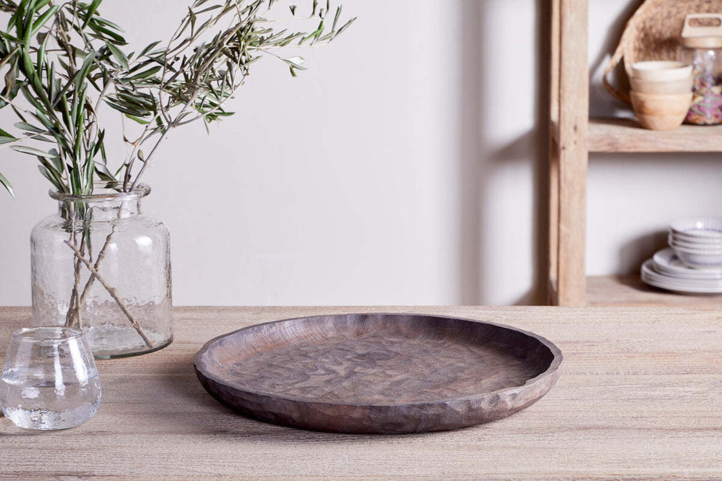 Nyati Mango Wood Etched Round Tray Dark