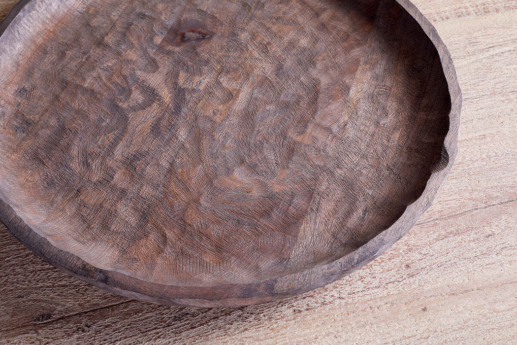 Nyati Mango Wood Etched Round Tray Dark
