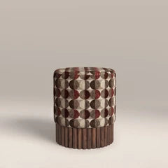 Oberon Pouffe | Multicolour Orbis Patterned Fabric & Walnut
