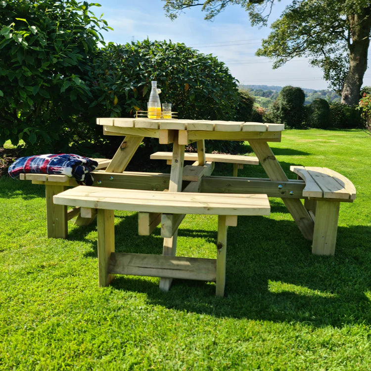 Westwood Round Wooden Picnic Table Heavy Duty Swedish Redwood Outdoor Seating Set
