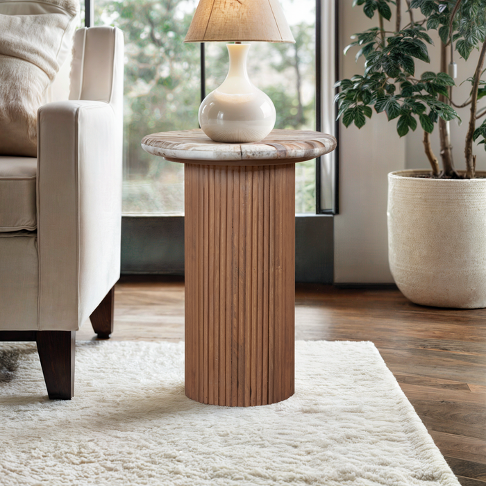Ashford Natural Marble & Wood Pedestal Side Table