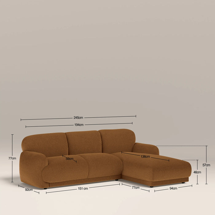 Cloud Right Hand 3 Seater Chaise Sofa Caramel Brown Sustainable Mohair Velvet