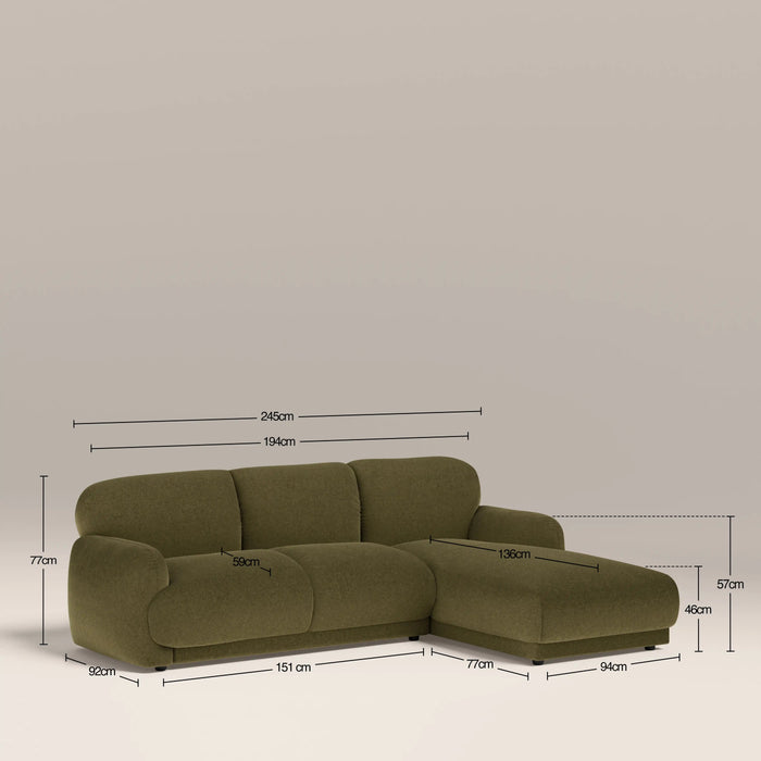 Cloud Right Hand 3 Seater Chaise Sofa Moss Green Sustainable Mohair Velvet