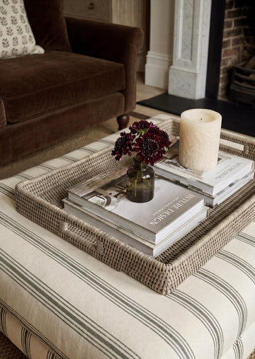 Grey Rattan Ottoman Tray with Handles
