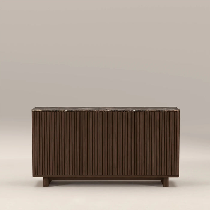 Janis 3 Door Sideboard Emperador Brown Honed Marble & Walnut