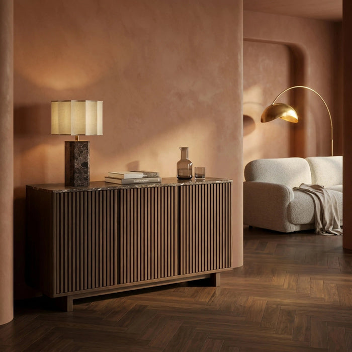Janis 3 Door Sideboard Emperador Brown Honed Marble & Walnut