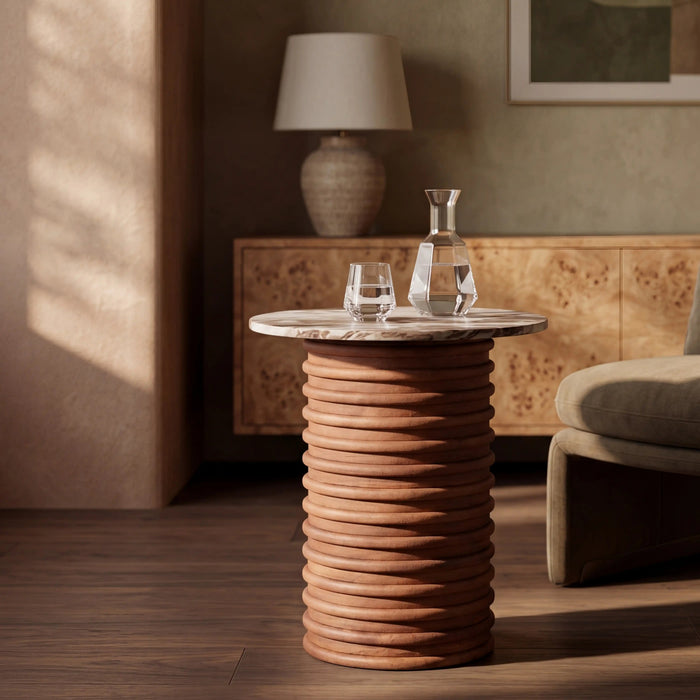 Dita Round Side Table French Riviera Honed Marble & Walnut