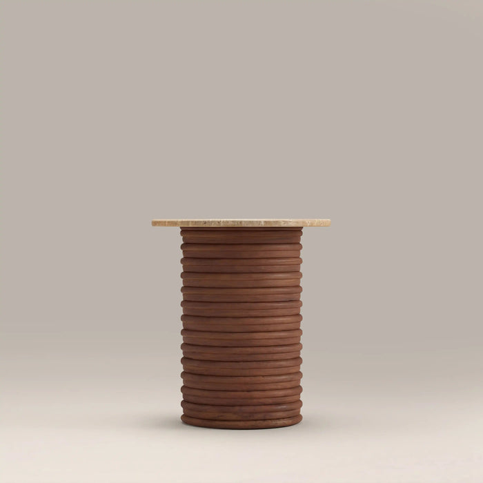 Dita Round Side Table Natural Travertine & Walnut