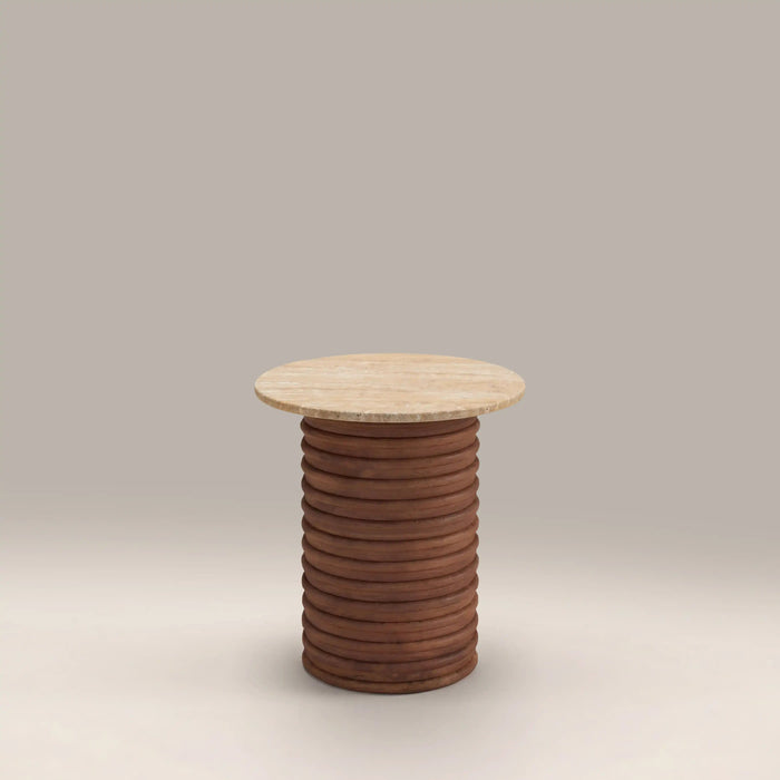 Dita Round Side Table Natural Travertine & Walnut