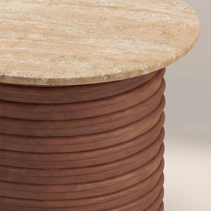 Dita Round Side Table Natural Travertine & Walnut