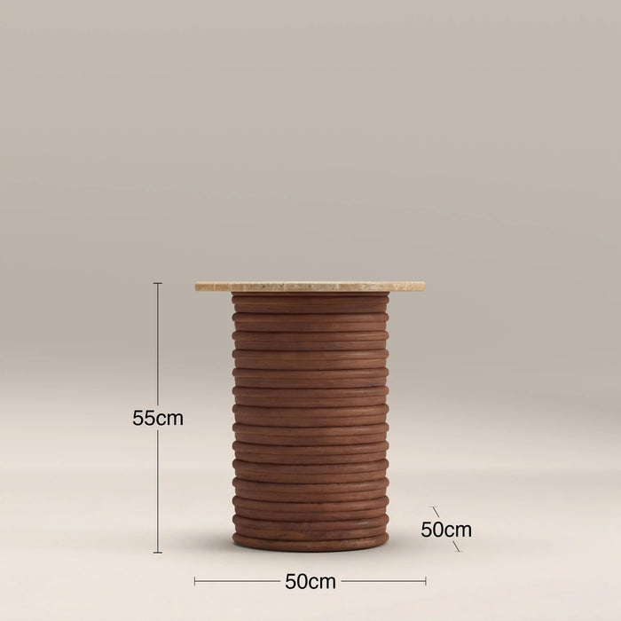 Dita Round Side Table Natural Travertine & Walnut