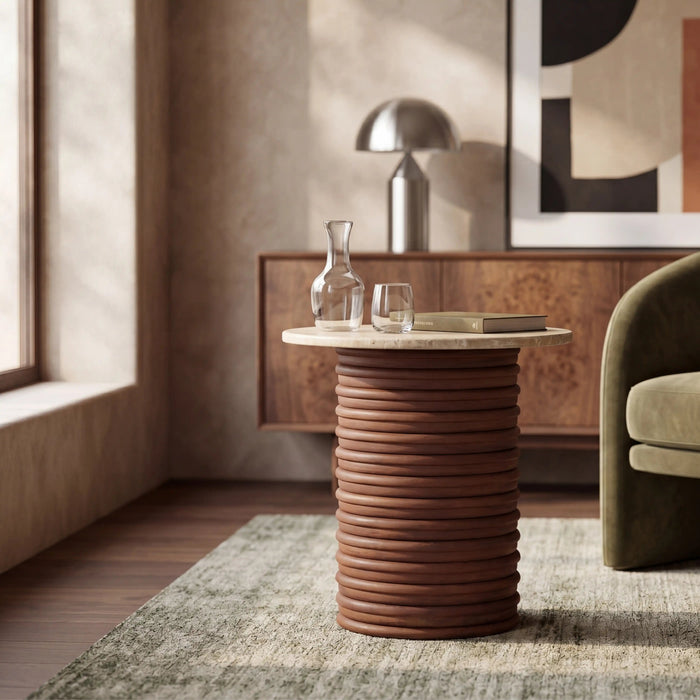 Dita Round Side Table Natural Travertine & Walnut
