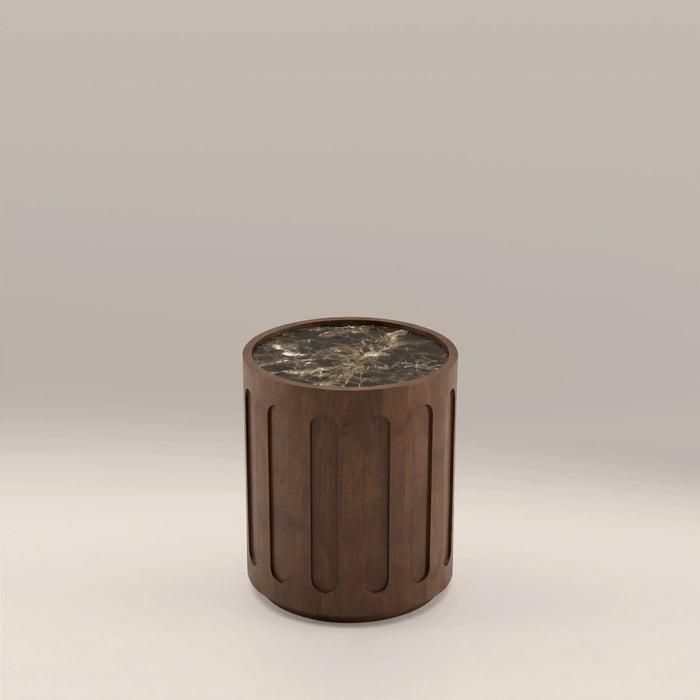 Juno Round Side Table Emperador Brown Honed Marble & Walnut