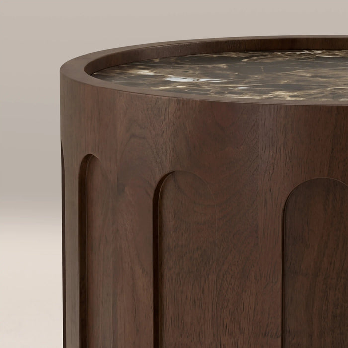 Juno Round Side Table Emperador Brown Honed Marble & Walnut