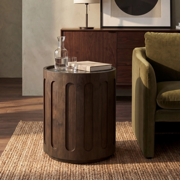 Juno Round Side Table Emperador Brown Honed Marble & Walnut