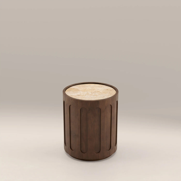 Juno Round Side Table Natural Travertine & Walnut