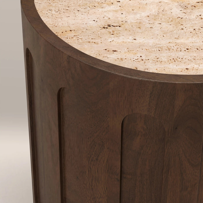 Juno Round Side Table Natural Travertine & Walnut