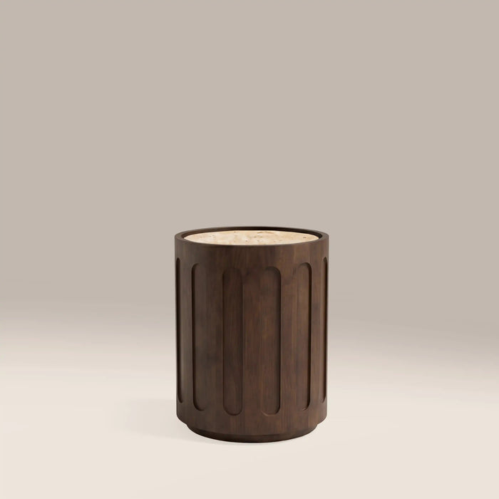 Juno Round Side Table Natural Travertine & Walnut