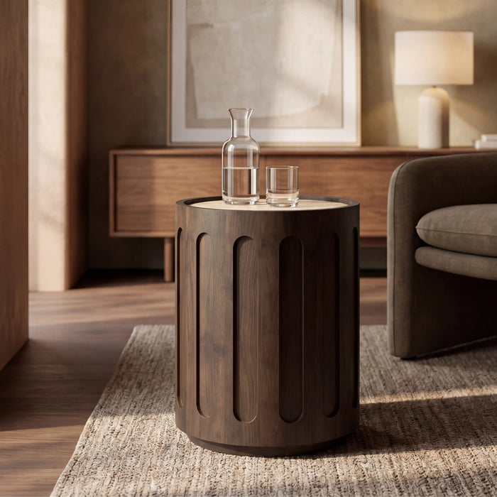 Juno Round Side Table Natural Travertine & Walnut