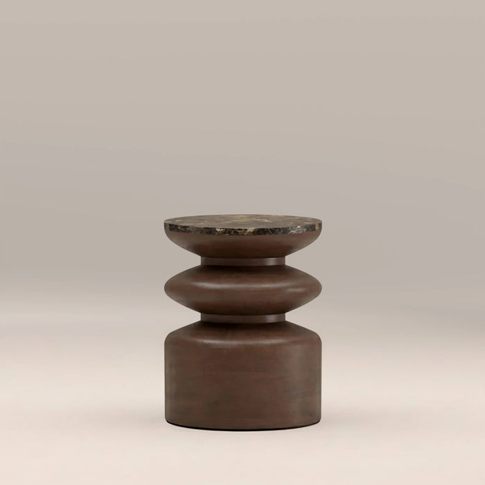 Leia Round Side Table Emperador Brown Honed Marble & Walnut
