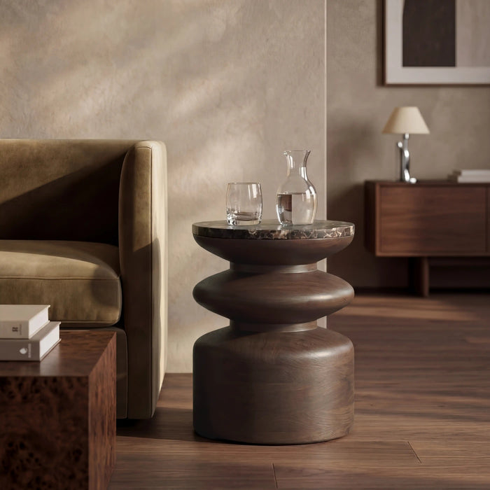Leia Round Side Table Emperador Brown Honed Marble & Walnut